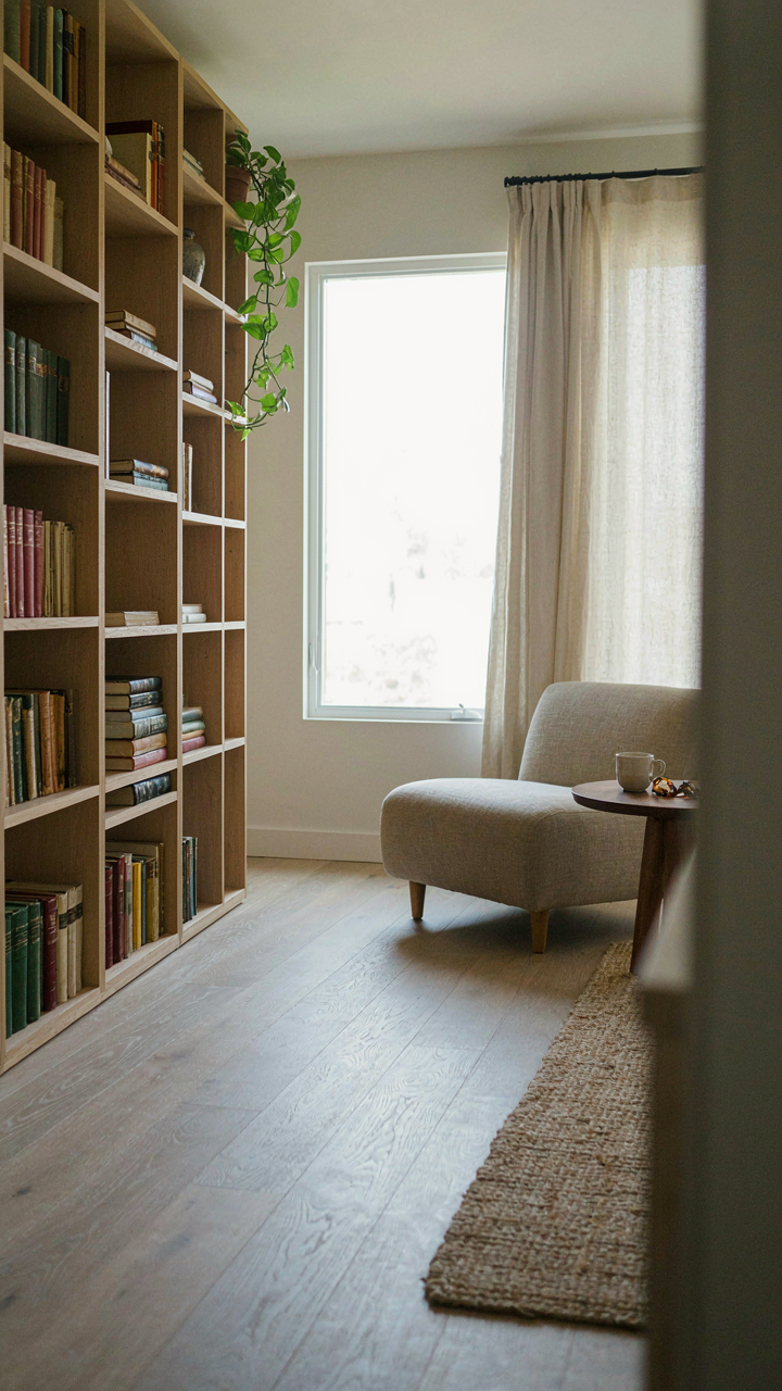 A minimalist she shed interior with a tall, sparsely filled bookshelf.