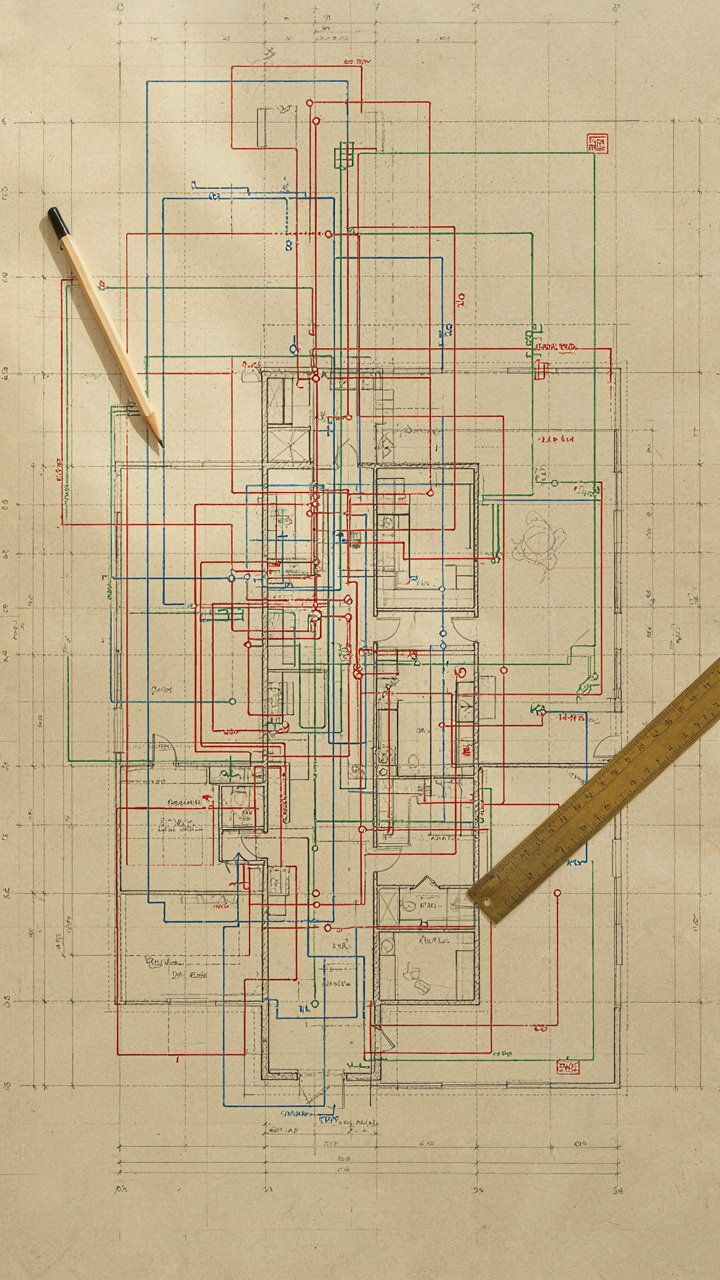 A detailed blueprint of a small cottage shows how utilities take up much space.