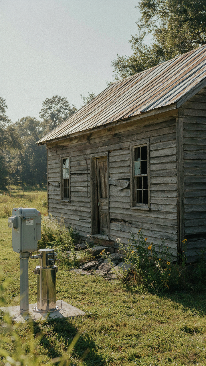 A tiny farmhouse has a visible foundation crack next to expensive utility hookups.
