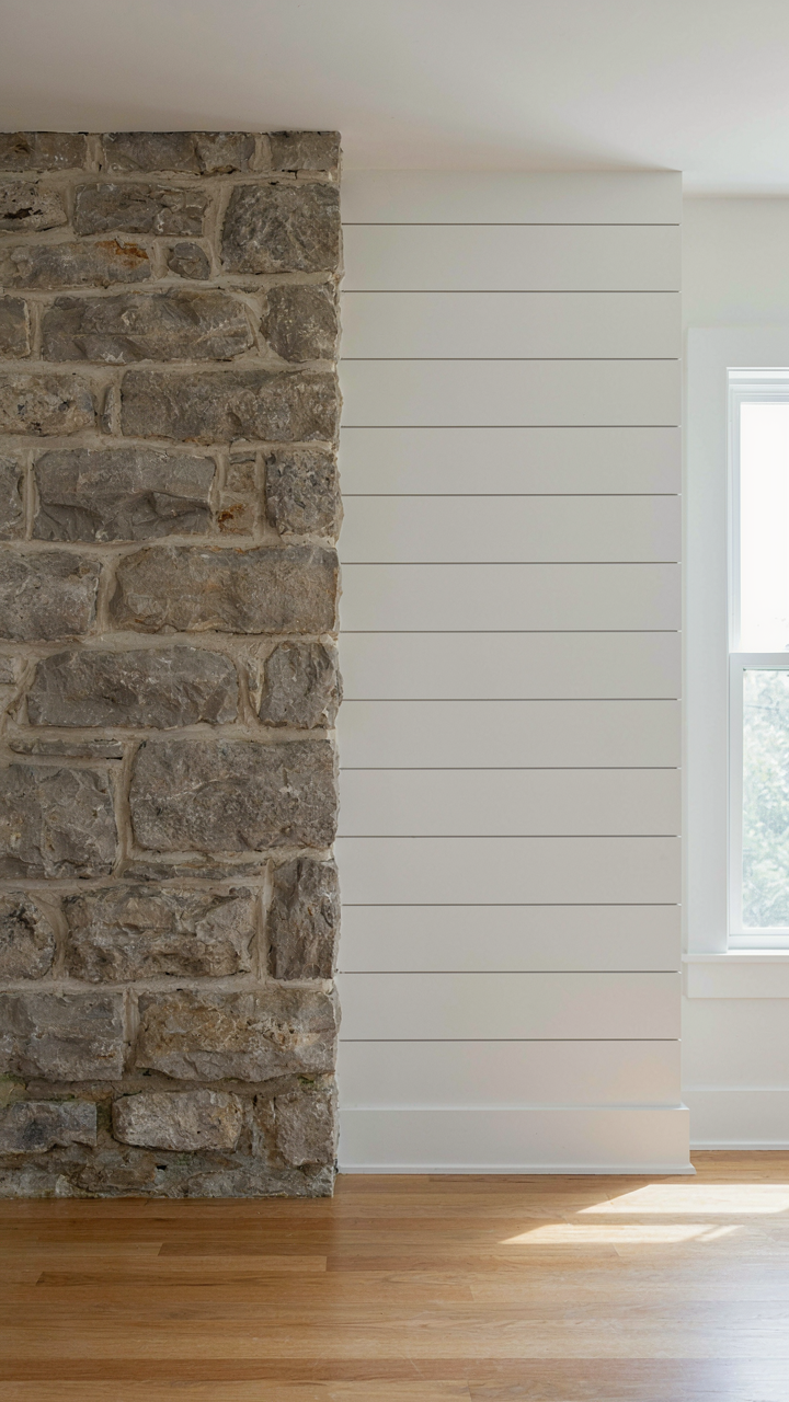 A stone foundation wall next to a non-load bearing shiplap wall.