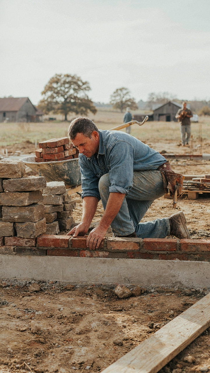 A mason building a two story farmhouse foundation with durable red brick.
