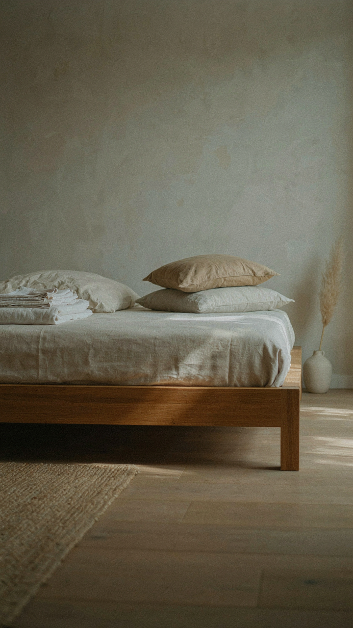 A wooden bed frame with slats, a mattress, and neatly folded linen sheets.