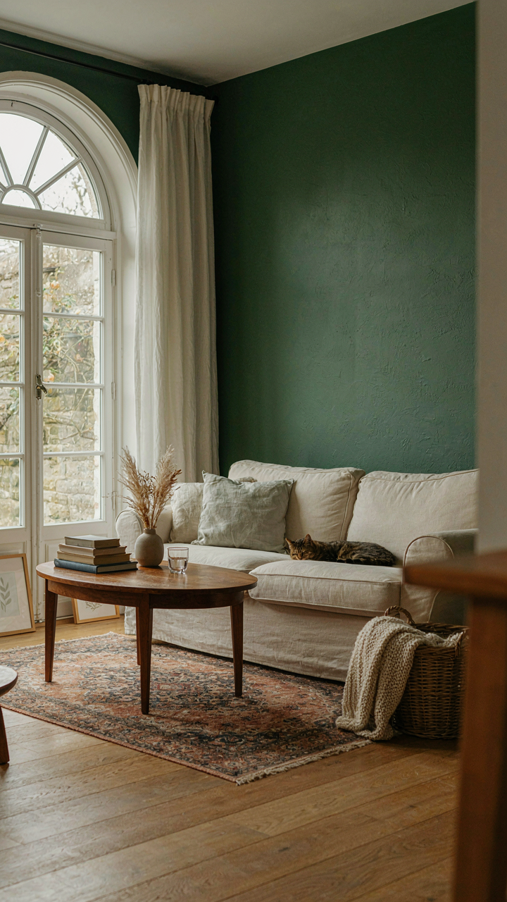 A French country living room with a deep forest green accent wall and cream furniture.