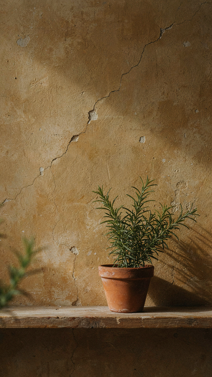 An aged ochre plaster wall with a terracotta pot and green plant in a french country entryway.