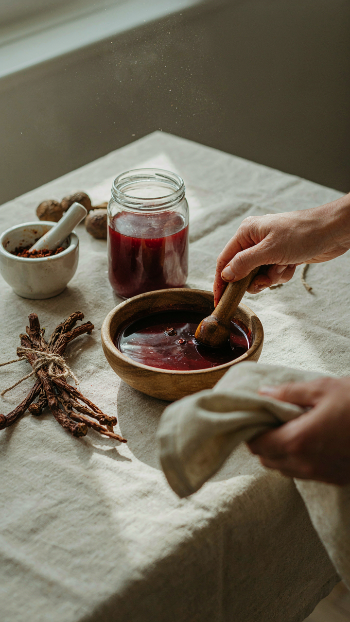 A hand mixing madder root dye in a wooden bowl for natural coloring.