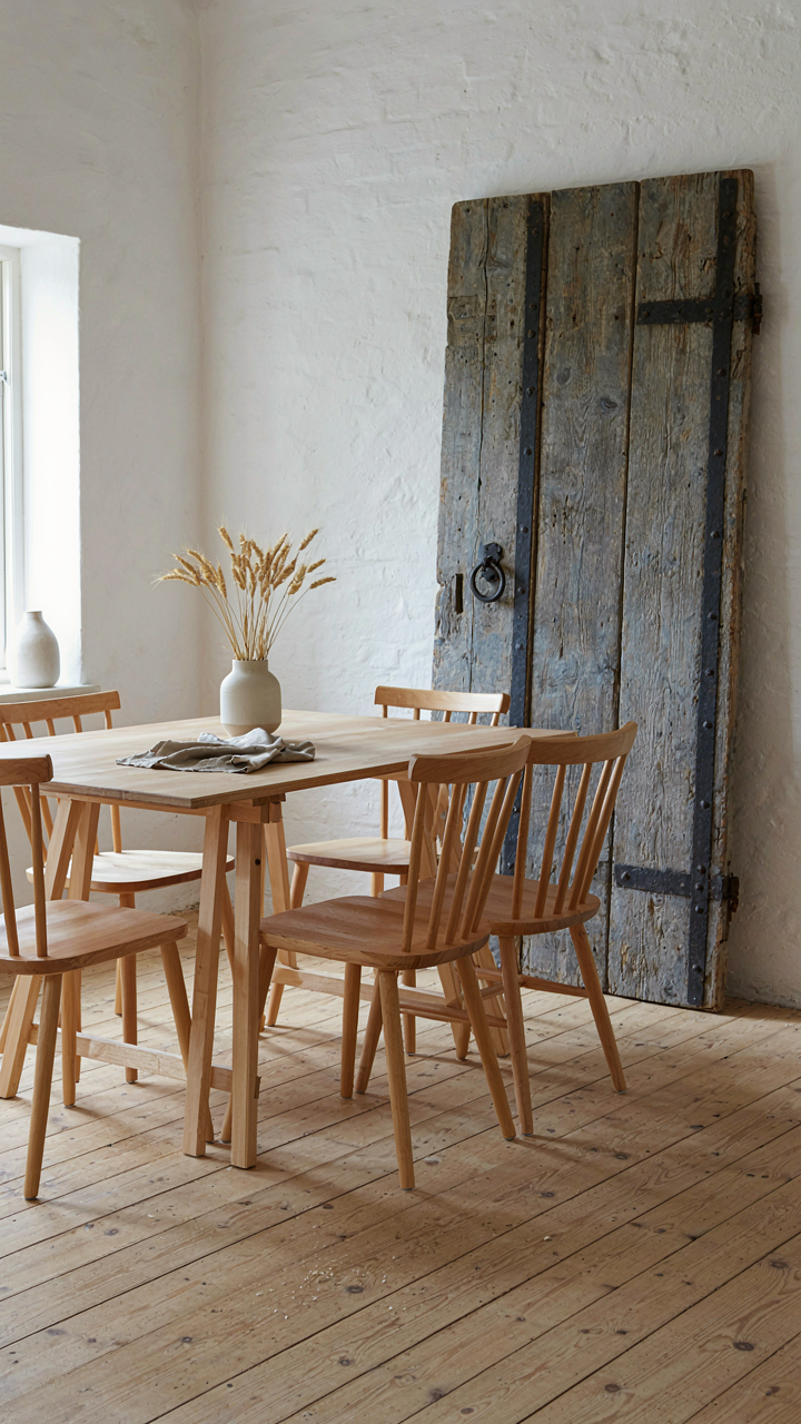 A Danish trestle table beside a rustic barn door in a scandinavian farmhouse style home.