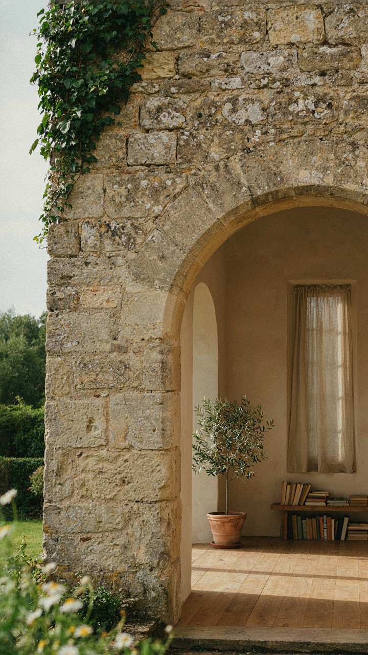 A stone wall that extends from outside to inside a prairie style house.