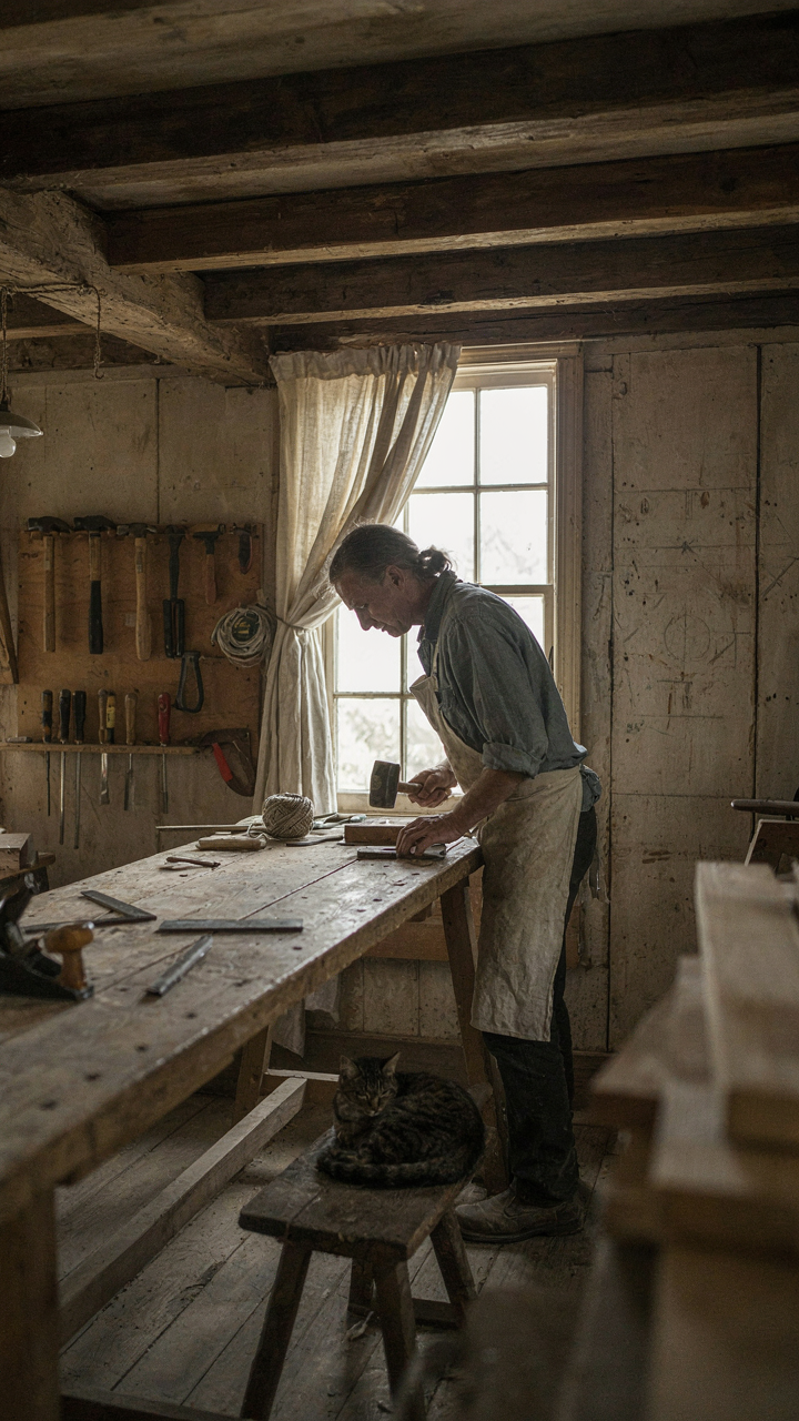 A carpenter's workshop with visible tool marks on rough-hewn timbers inside a colonial house.