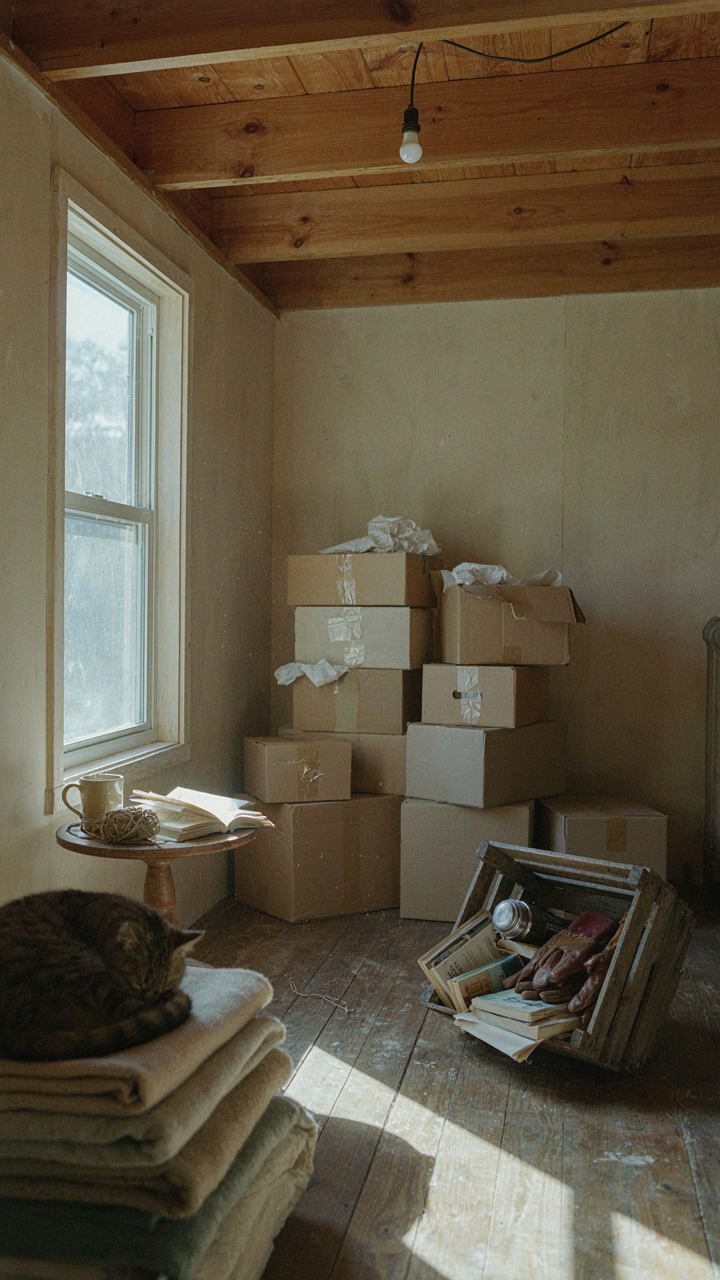 A disorganized cabin loft overflowing with stored items.