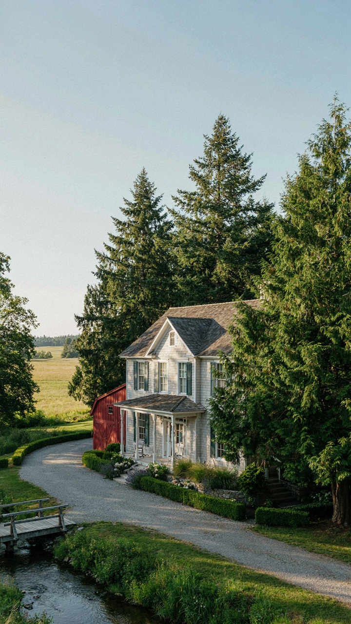 Evergreen trees and shrubs break up the view of a farmhouse garage.