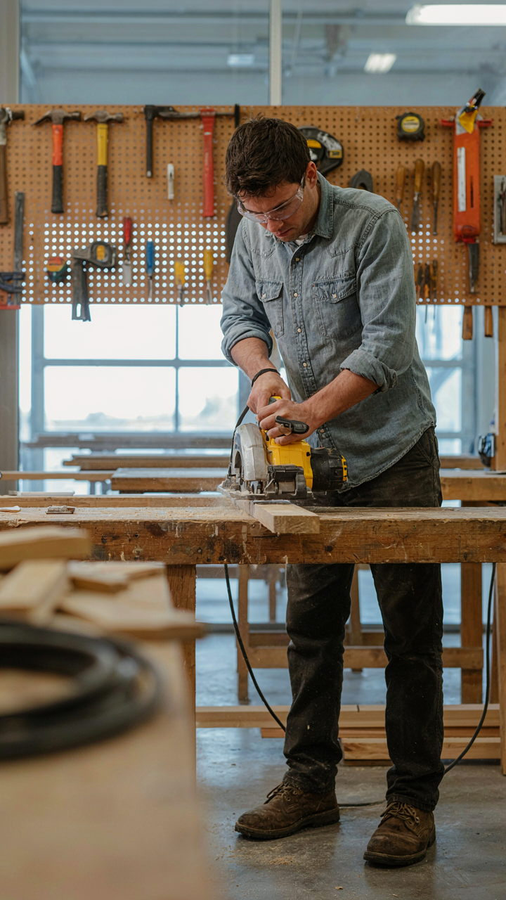 A builder uses a high-quality circular saw on dimensional lumber during cottage construction.