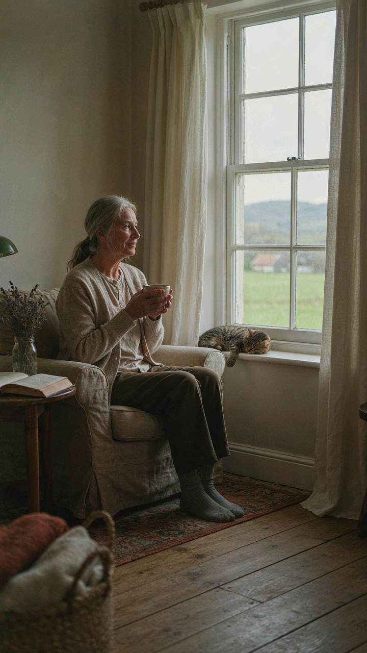 A person drinks coffee, looking out a large window with a scenic view.
