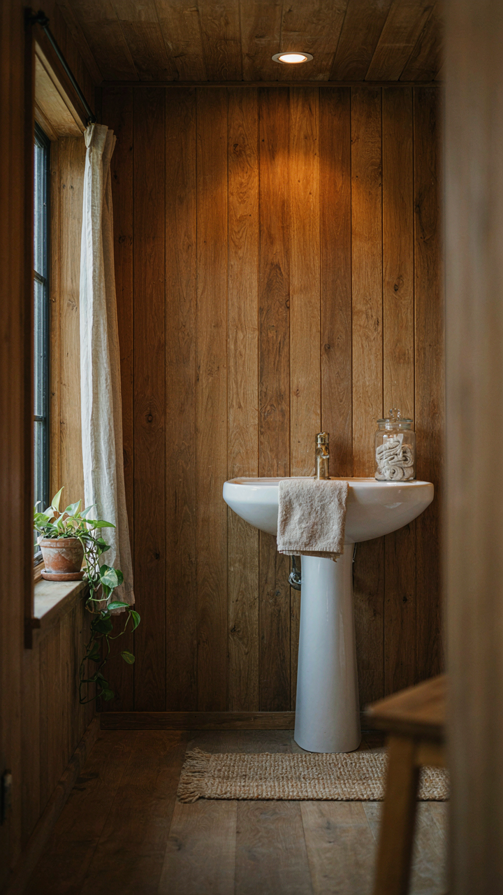 Soft light from a recessed fixture creates calm in a small cabin bathroom.