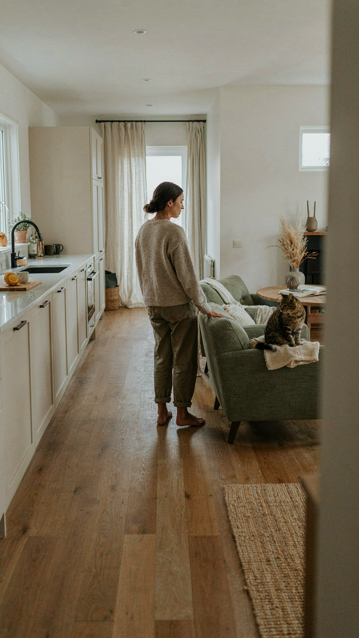 A person walks directly from a kitchen to a living room.