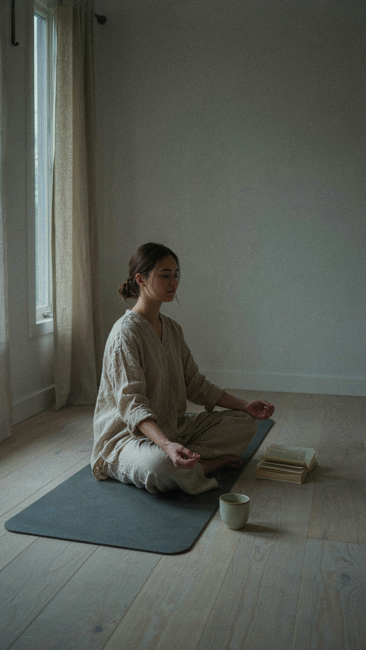 A person meditates in a clear, uncluttered tiny cottage loft space.