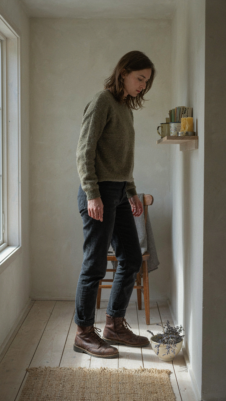 A person in a tiny cabin looks at essential items on a shelf.