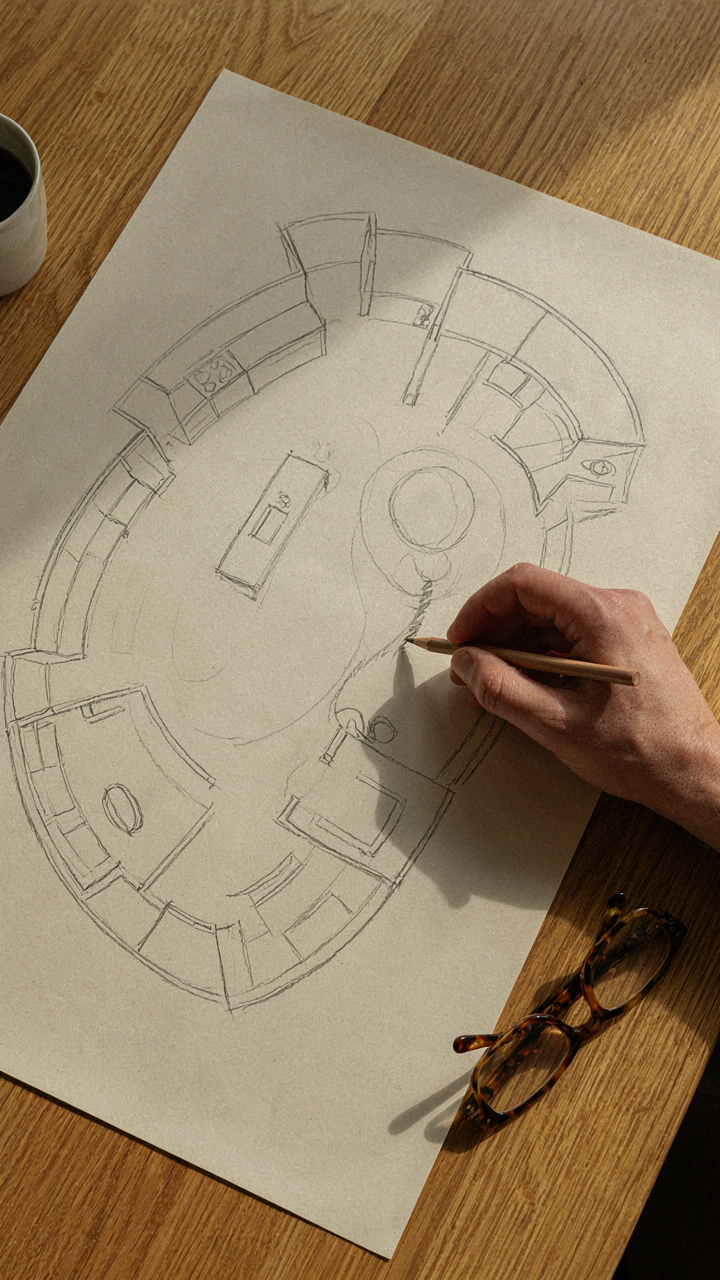 A hand sketches a functional small house plan with interconnected zones.