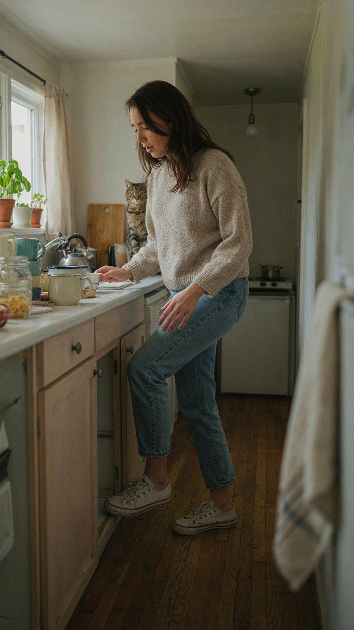 A person bumps their toe in a small, cluttered kitchen corner of a tiny house.
