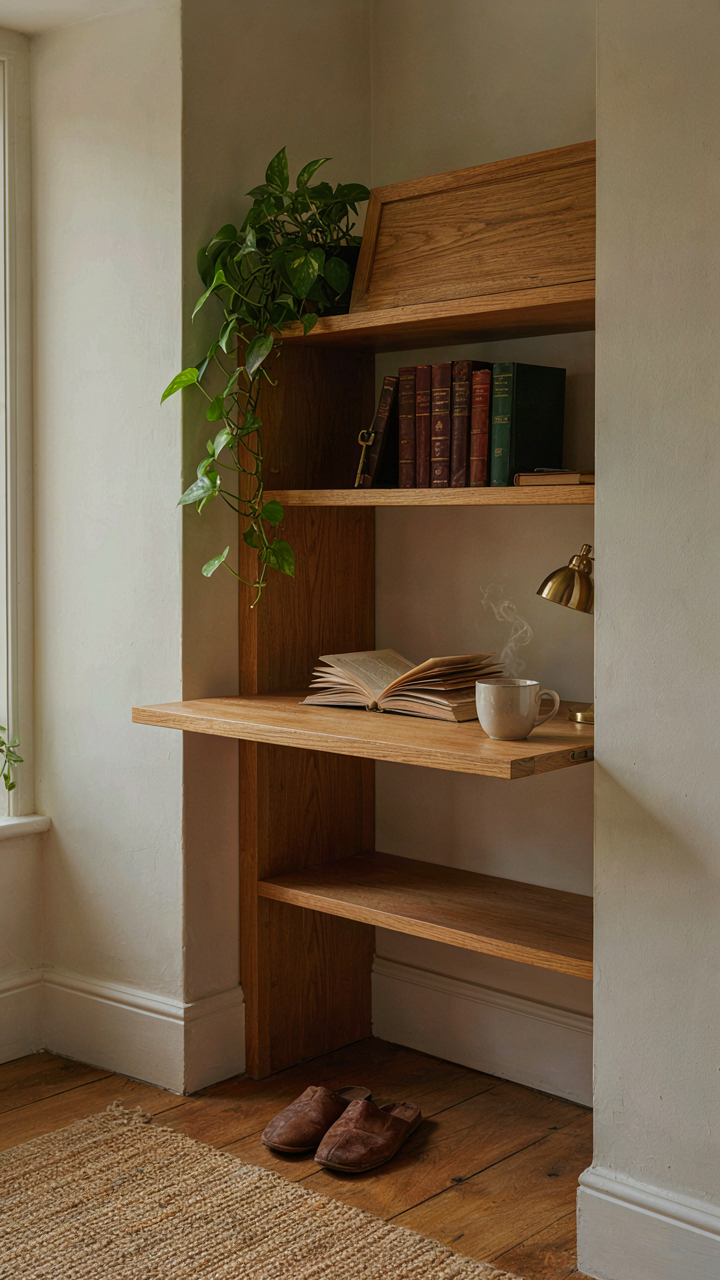 A clever corner built-in in a cottage with a pull-out desk and hidden storage.