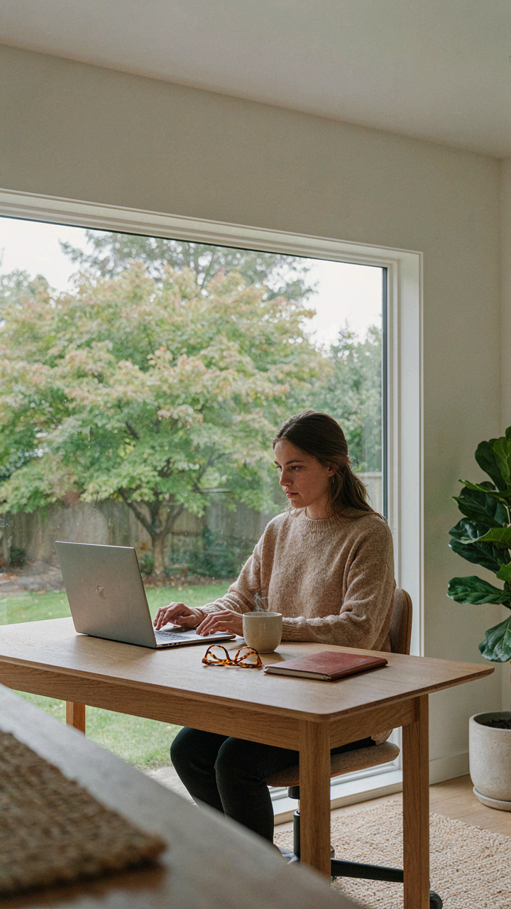 A person works at a desk in a modern home office with a view of a green backyard.