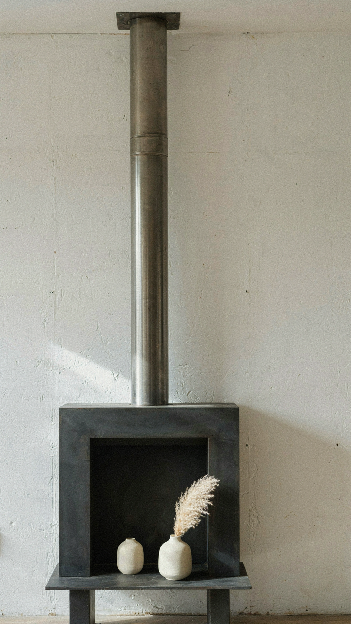 A modern steel fireplace with an exposed flue pipe in a simple cottage interior.