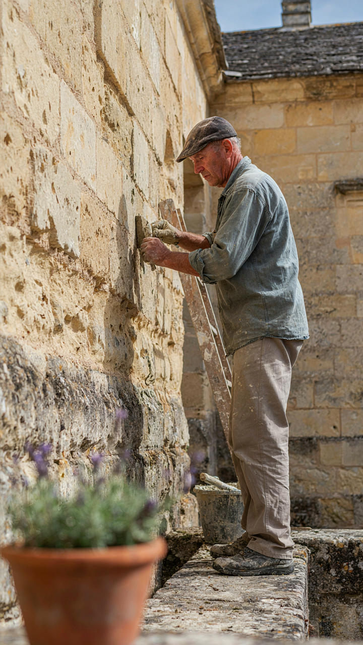 A mason carefully repoints the mortar joints on an old French chateau stone wall.