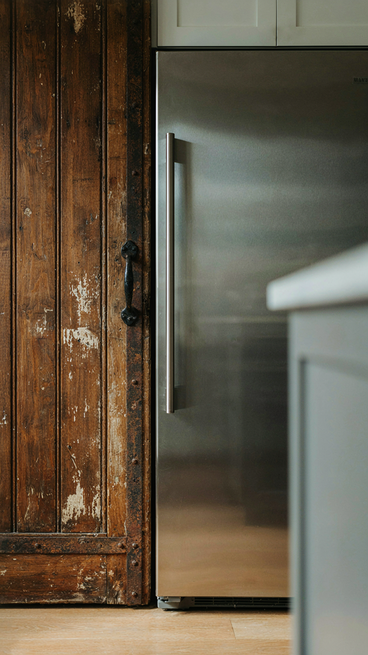 A distressed barn door next to a stainless steel refrigerator.