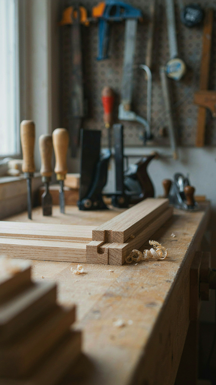 A woodworking workbench with tools and an exposed mortise and tenon joint.
