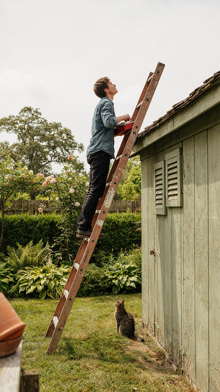 A person on a ladder checks a garden shed roof.