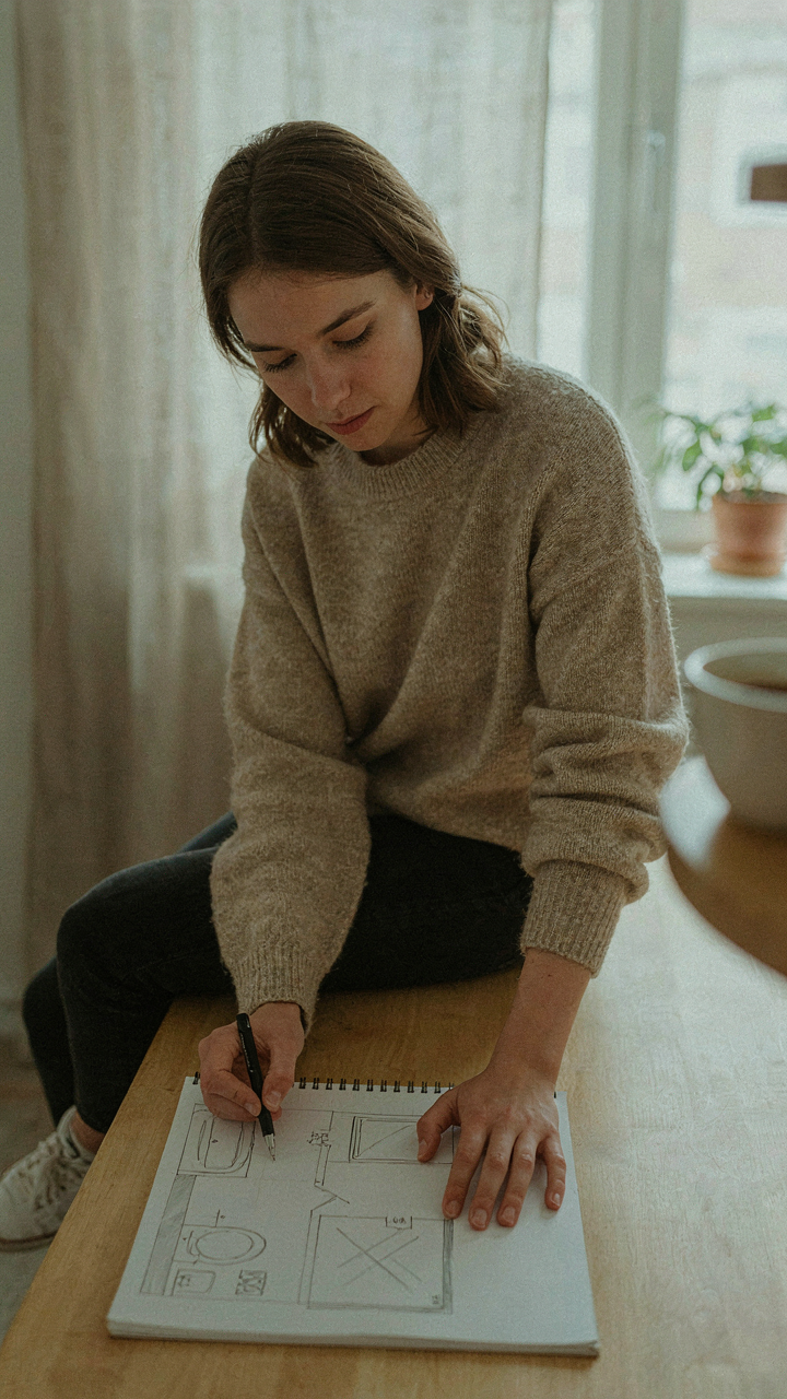 A person sketching a bathroom layout in a notebook with a pen.