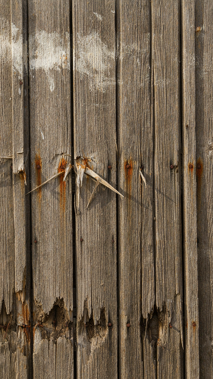 Close-up of rotten and splintering wooden siding on a fisherman cottage, damaged by salt.