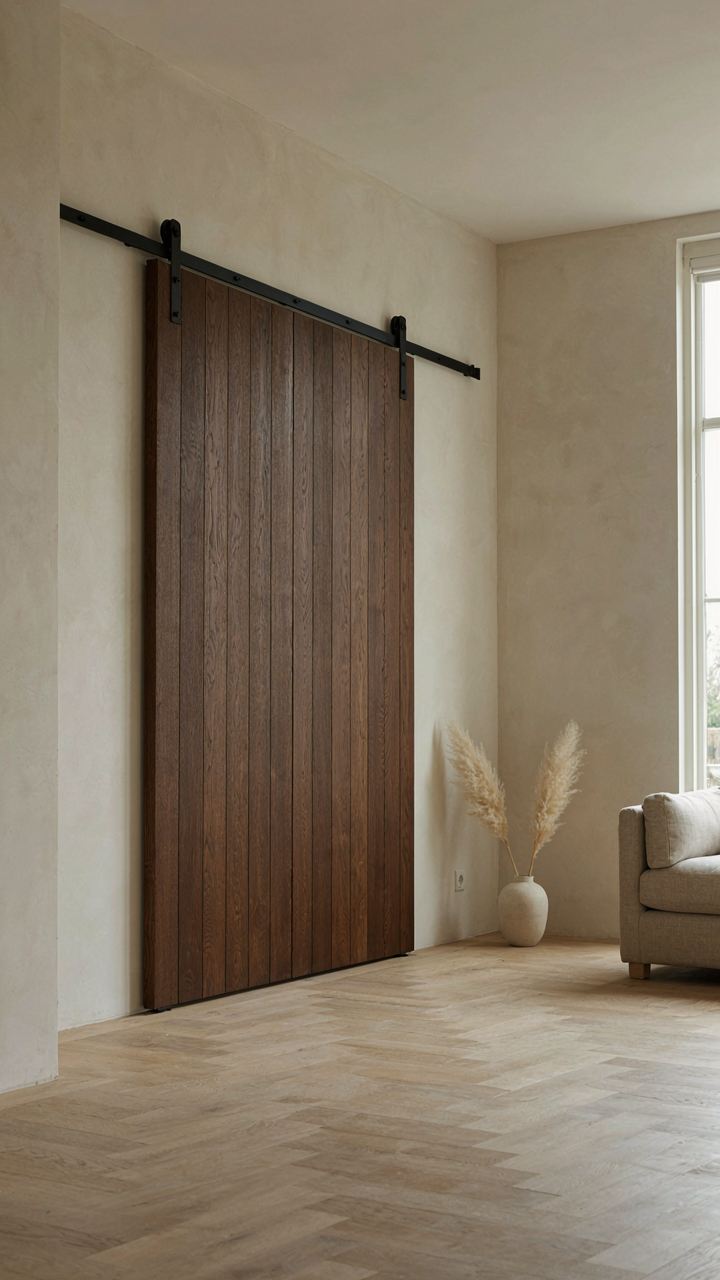 A large dark wooden sliding barn door in a minimalist living room.