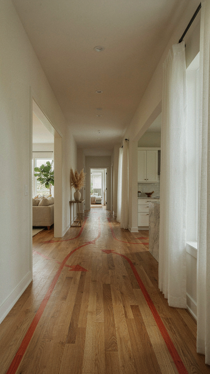 A blueprint shows how people move through a ranch house addition plan.