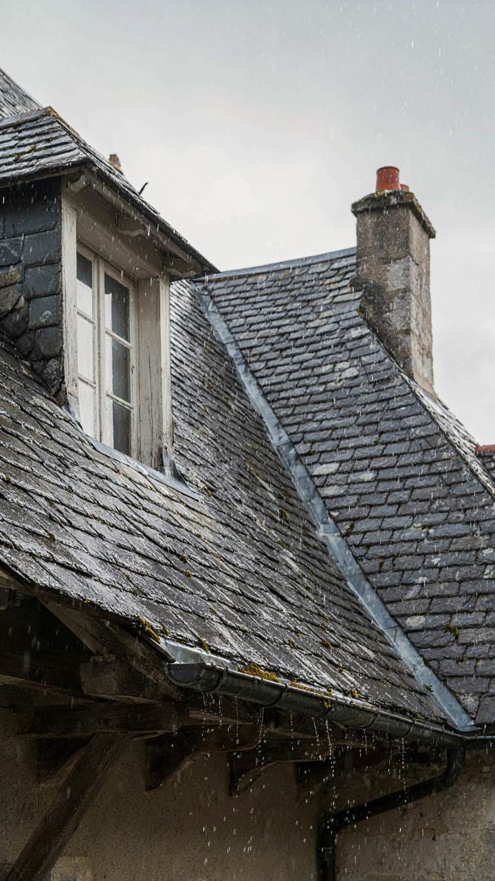 A detailed view of a house roof with a steep angle and long overhangs in heavy rain.