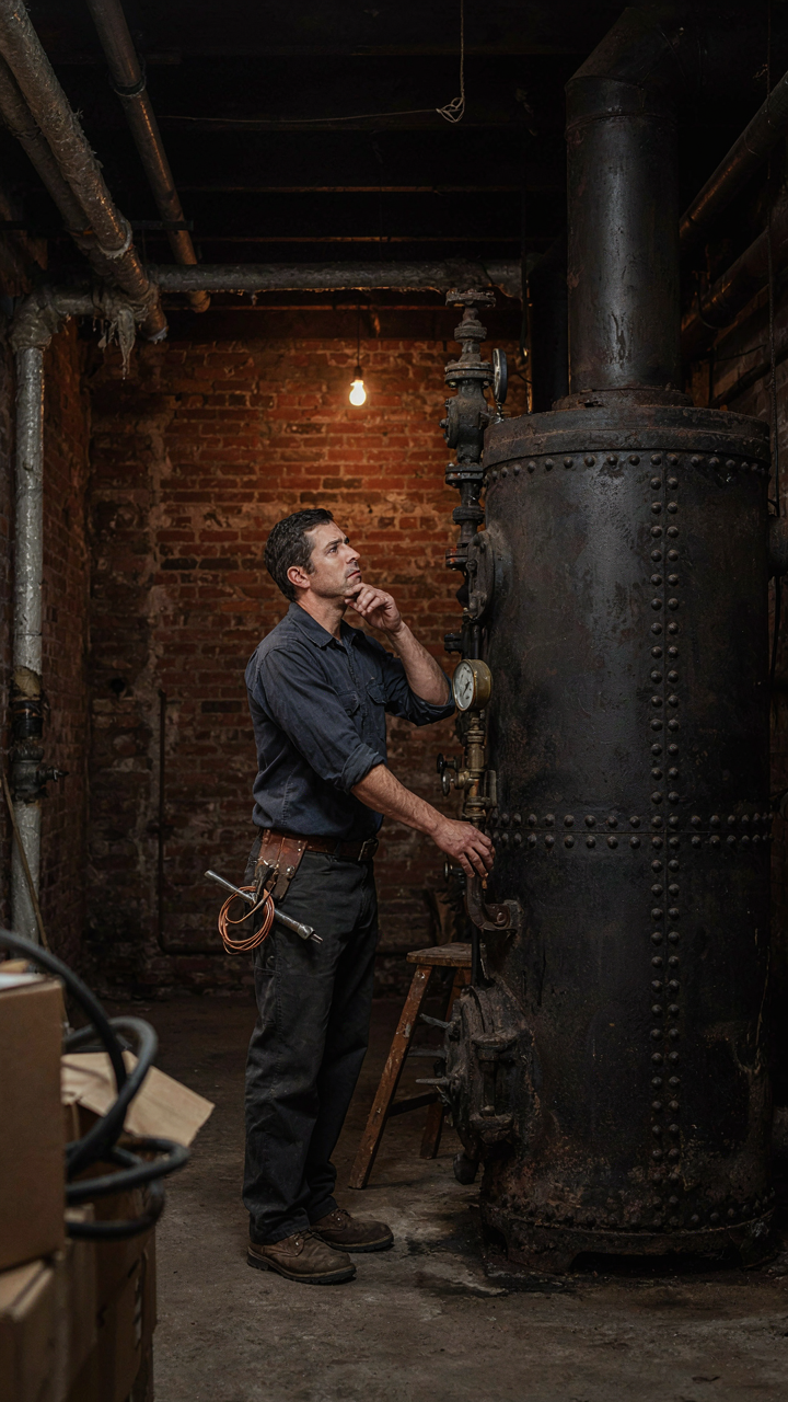 A technician inspects a massive, old boiler in a chateau basement.