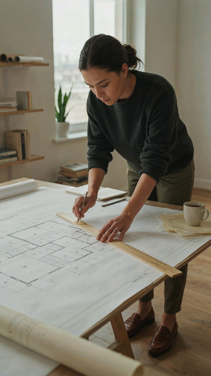 An architect sketching a functional blueprint for a cottage building.