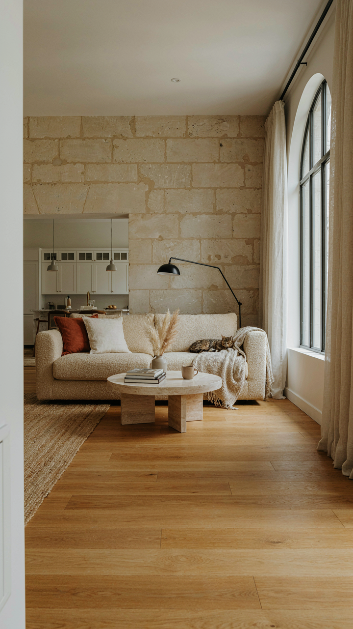 A modern, open living space blends old and new architectural styles.