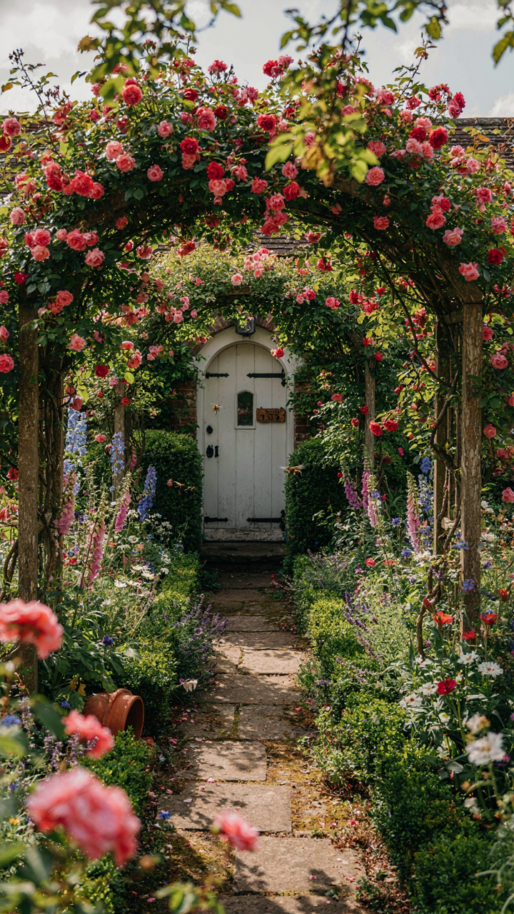 A lush cottage garden frames the entrance of a storybook house.