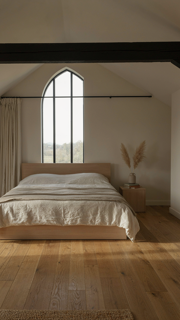 A barn loft bedroom with a low bed and minimal furniture for clear sightlines.