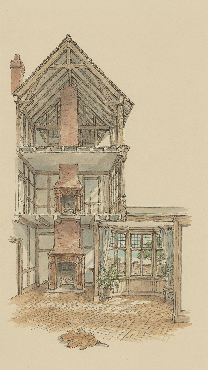 Cutaway drawing of a victorian house plan showing chimney and bay window.