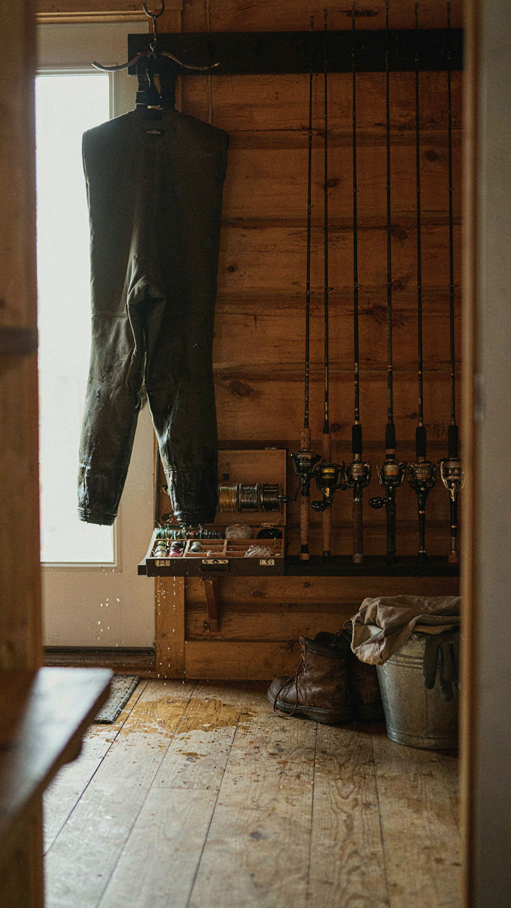 A fishing gear station in a cabin mudroom, with waders and rod racks.