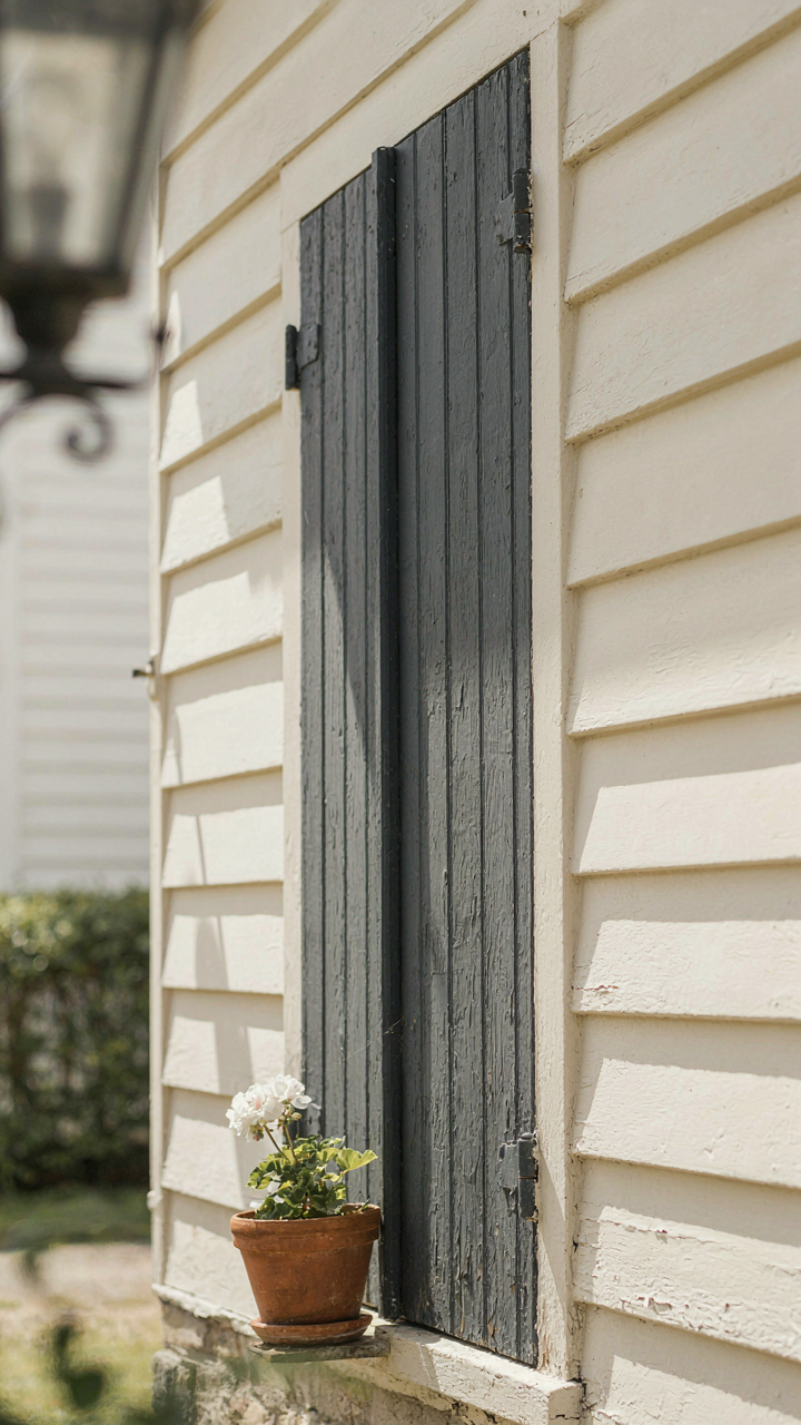 A dark charcoal shutter stands out against a cream cottage wall.