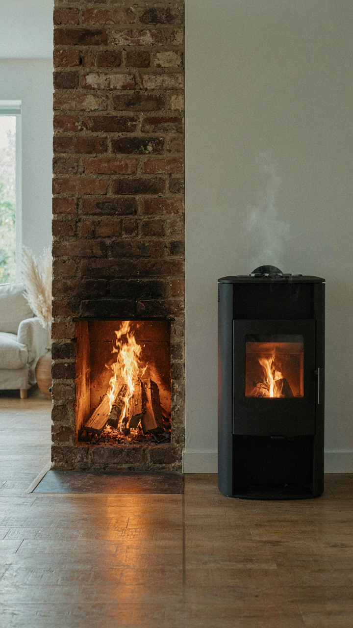 A side-by-side comparison of an open hearth and a wood-burning stove.