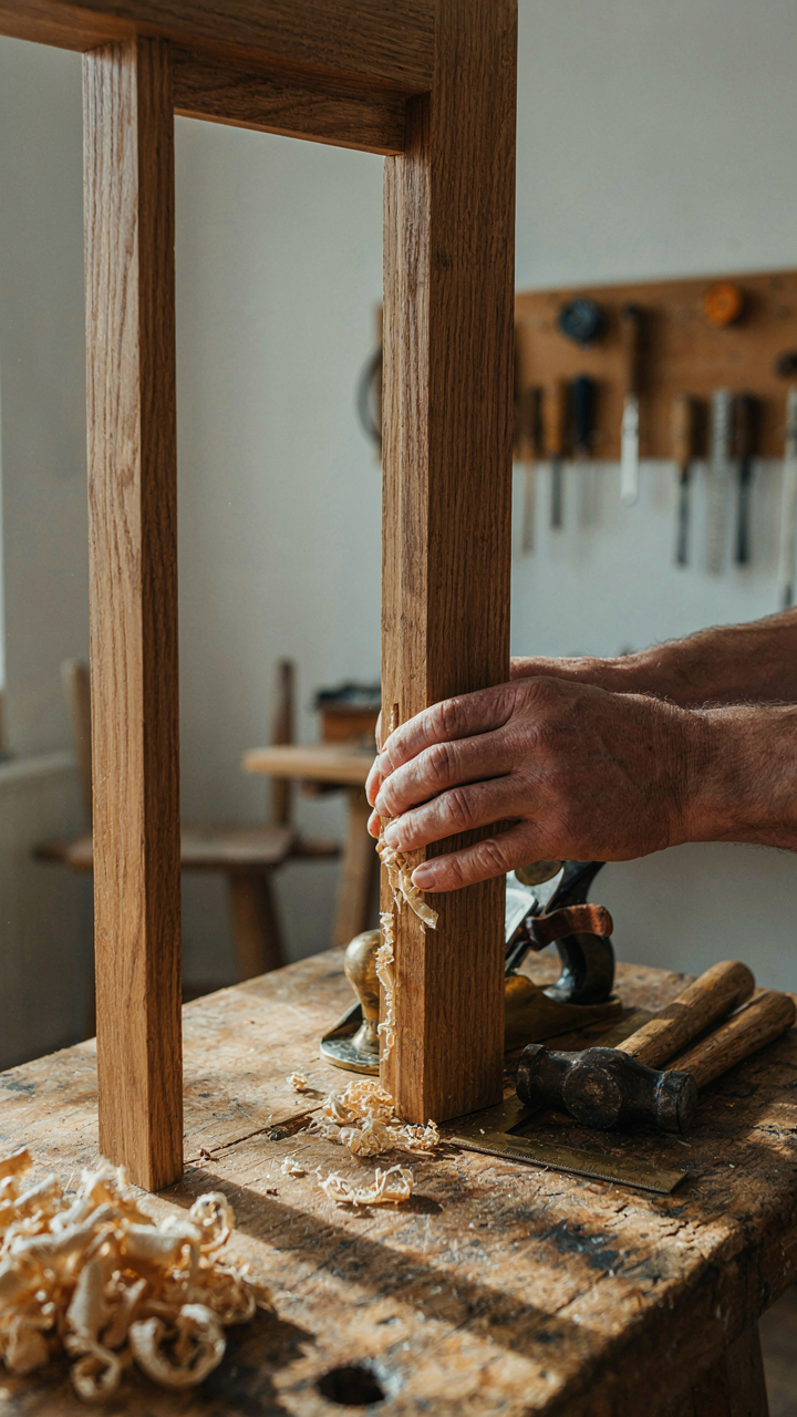 A carpenter's hands carefully joining two pieces of wood with a mortise and tenon joint.