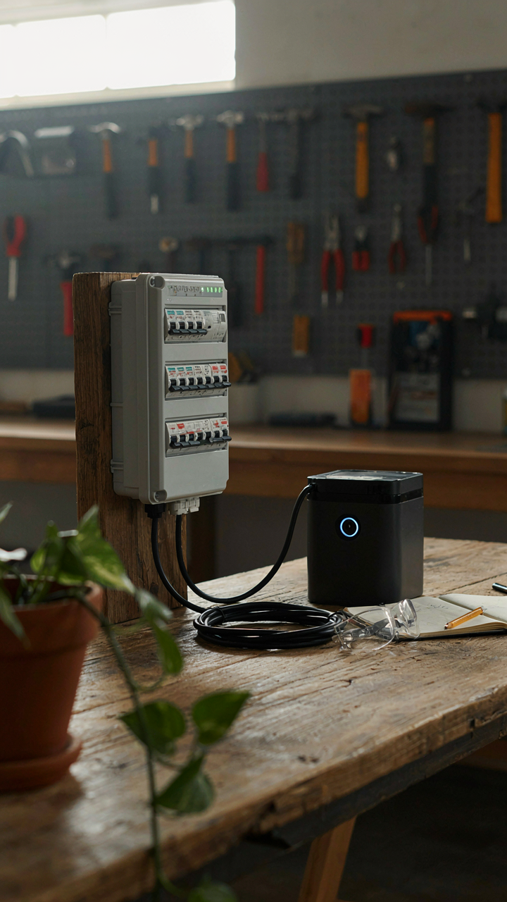A compact off-grid electrical panel with labeled circuits and a small battery bank.