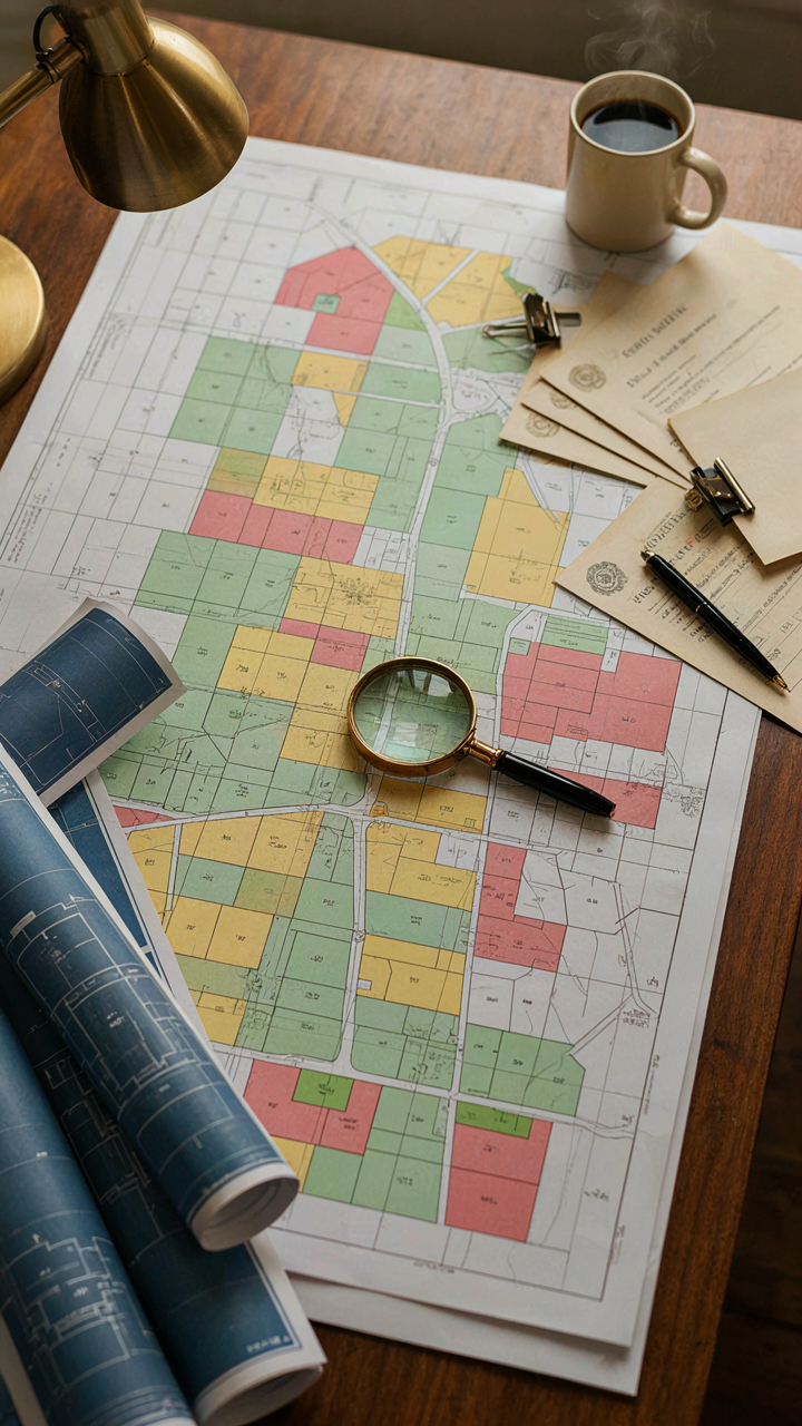 A detailed zoning map with blueprints and a magnifying glass on a desk.