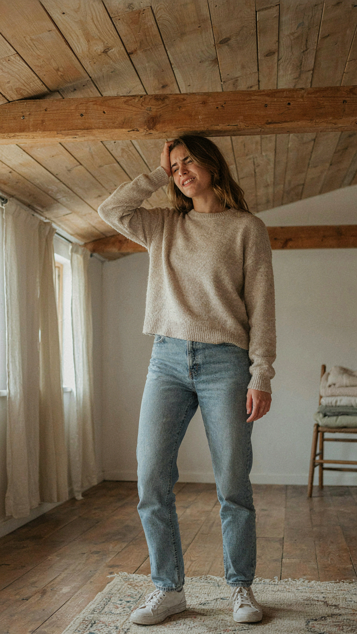 A person bumps their head on a low, exposed beam in a cottage loft.