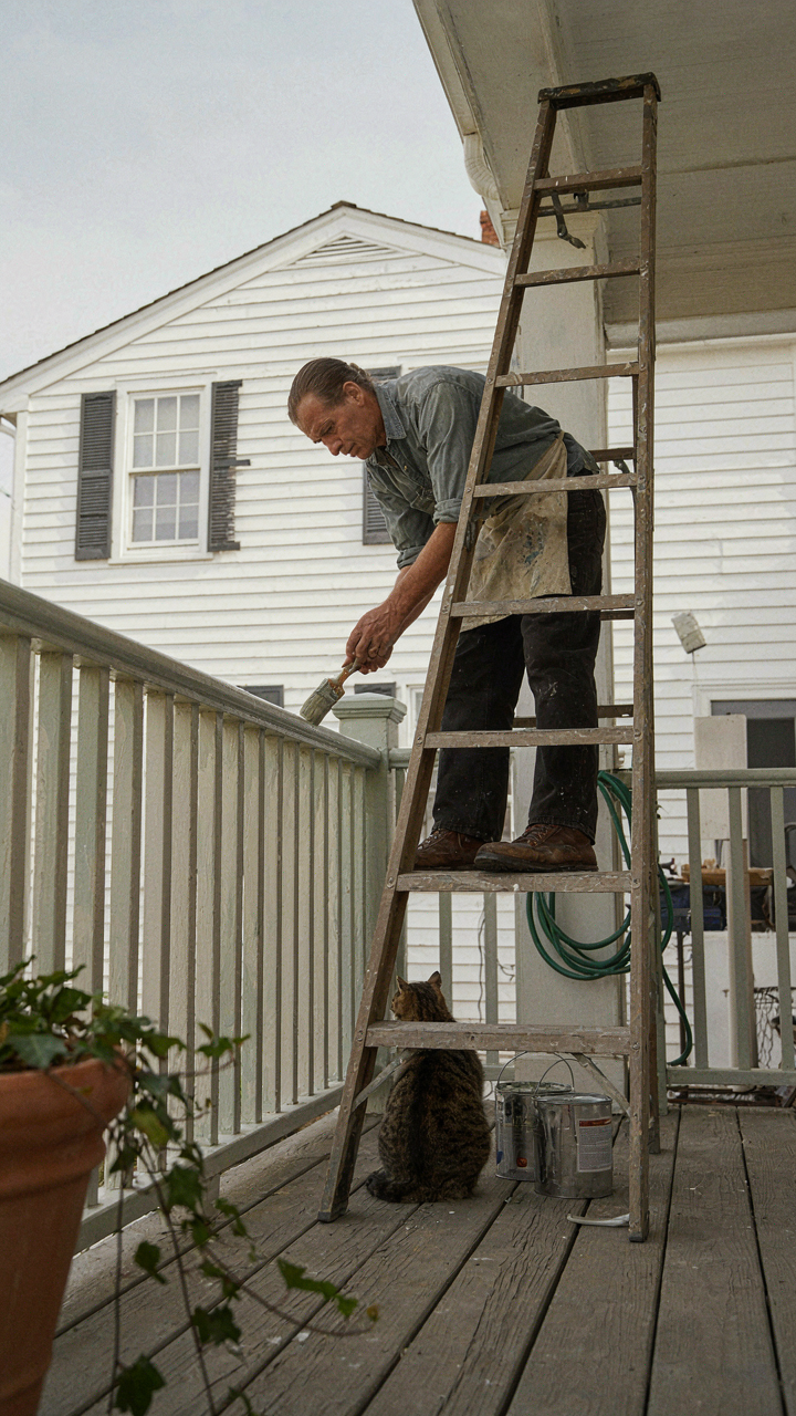 A person repainting the wooden railings of a small house with wraparound porch.
