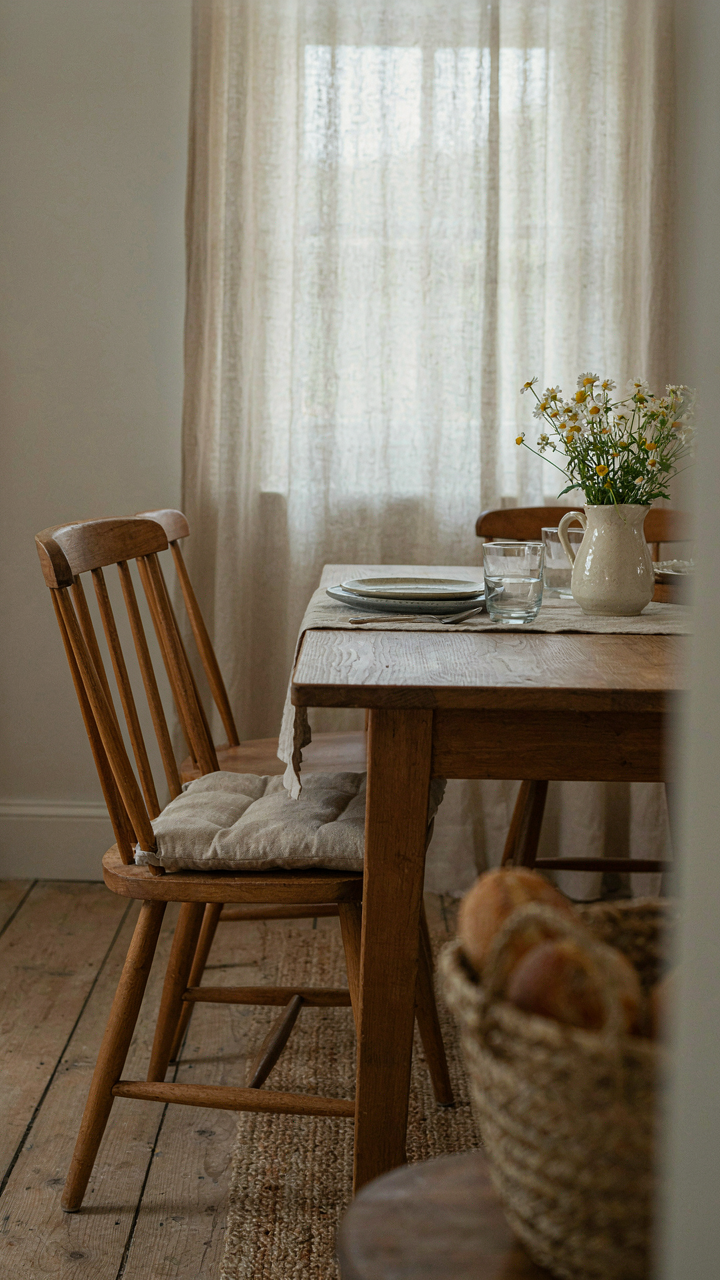 A comfortable wooden dining chair with a cushion sits ready at a country dining room table.