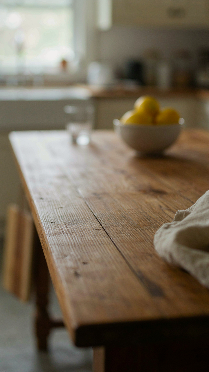 A close-up shows a well-worn, durable wooden farmhouse table.